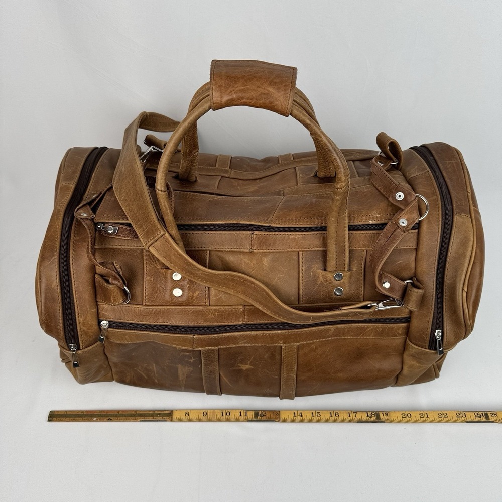 Vtg Tan Leather Duffle Bag Travel Weekender Gym Luggage Side Grab Handles 22" - Picture 11 of 13